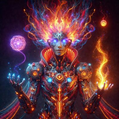 The primary subject of the image is a futuristic robot with a glowing head, wearing a red cape. The robot is surrounded by a colorful and vibrant environment, with a purple and blue background. The visual style of the image is digital art, as it appears to be a computer-generated or digitally rendered creation. The colors and mood of the image are lively and energetic, with the robot's glowing head and the vivid colors of the background creating a sense of excitement and wonder.